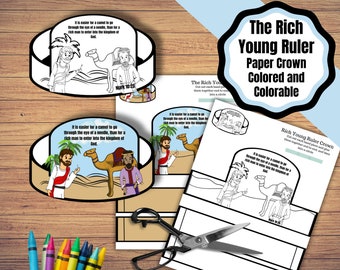 May include: A printable paper crown craft for kids featuring a black and white illustration of a camel and a man. The crown is designed to be colored and includes the Bible verse "It is easier for a camel to go through the eye of a needle, than for a rich man to enter into the kingdom of God."  Mark 10:25