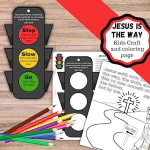 Może przedstawiać: Drukowana strona do kolorowania i aktywność plastyczna dla dzieci z sygnalizacją świetlną z napisami "Stop", "Slow" i "Go" oraz strona do kolorowania ze ścieżką prowadzącą do krzyża z tekstem "Jezus jest drogą, prawdą i życiem: nikt nie przychodzi do Ojca inaczej, jak tylko przeze Mnie." Jan 14:6