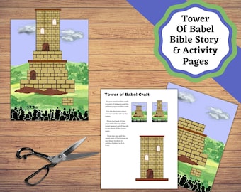 May include: A printable craft activity for kids featuring a colorful illustration of the Tower of Babel from the Bible story. The craft includes instructions to cut out the pieces and assemble the tower.