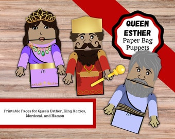 Printable Paper Bag Puppets for Esther, Bible story book of Esther paper bag puppet printables.