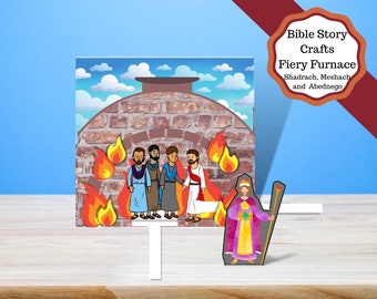 May include: A paper craft depicting the biblical story of Shadrach, Meshach, and Abednego in the fiery furnace. The craft includes a brick furnace with flames, four figures, and a king with a scepter. The title "Bible Story Crafts Fiery Furnace Shadrach, Meshach and Abednego" is at the top of the image.