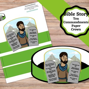 Printable 10 commandments paper crown craft for kids. Paper head band with Moses and the 10 commandments. Sunday School craft.