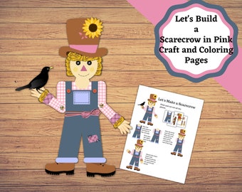 May include: Printable craft and coloring pages for making a scarecrow. The pages include instructions and cut-out pieces to assemble a pink and blue scarecrow with a blackbird.