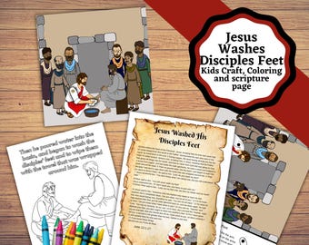 Gesù che lava i piedi ai discepoli, lavoretto per bambini, pagina da colorare e pagina delle Scritture. Divertente lavoretto sulla Bibbia.
