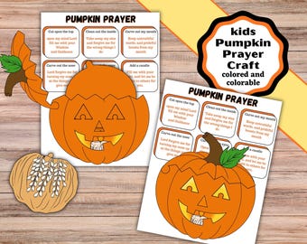 May include: A Pumpkin Prayer craft set featuring two printed sheets with text instructions and pumpkin illustrations, a separate orange pumpkin cutout with a candle, and a tan pumpkin outline with white seeds, all displayed on a wood grain surface.