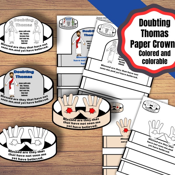 Printable paper crowns about Doubting Thomas, colored and colorable Doubting Thomas Kids Craft.