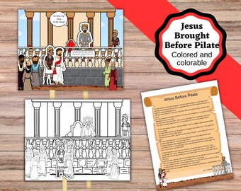 Jesus brought before Pilate craft, scripture sheet, and coloring.