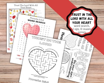 May include: A collection of four white activity sheets featuring religious themes. The pages include a word search with a pink heart, a heart-shaped maze, and text reading Trust The Lord With All Your Heart and Proverbs 3:5-6 in black ink.