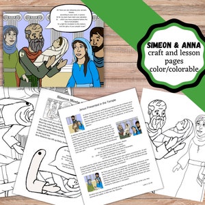May include: Black and white coloring pages featuring illustrations of Simeon holding baby Jesus and Anna looking on. The pages include text about the story of Simeon and Anna meeting Jesus in the temple. The title of the pages is "Simeon Meets Jesus Presented in the Temple".