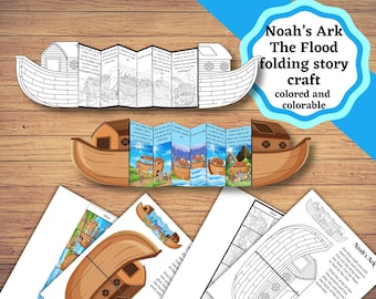 May include: A paper craft kit featuring Noah's Ark, including a black and white line art version and a full-color version of a folding story book. The text reads Noah's Ark The Flood folding story craft colored and colorable.