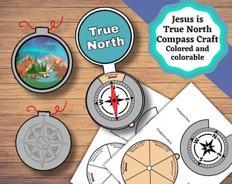 May include: A paper craft kit featuring a compass design with the text True North, Jesus is True North Compass Craft Colored and colorable, and various compass components including a bear and moose illustration under an aurora borealis.