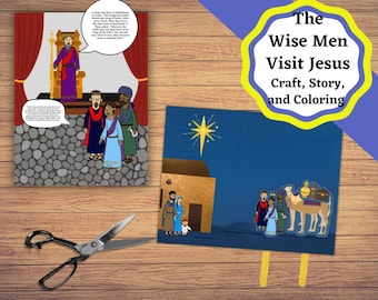 May include: A craft, story, and coloring activity for kids about the Wise Men visiting baby Jesus. The activity includes a cut-out scene of the Wise Men following a star to a stable where Jesus is with Mary and Joseph. The activity also includes a cut-out scene of the Wise Men presenting gifts to Jesus.