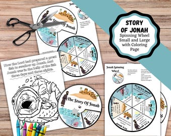 May include: A printable set of coloring pages and spinning wheels for kids to learn about the story of Jonah from the Bible. The set includes a large and small spinning wheel with scripture verses and a coloring page of Jonah in the belly of the fish.