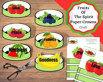 May include: A set of nine printable paper crown templates featuring fruits and the words "Love", "Joy", "Peace", "Patience", "Kindness", and "Goodness". The crowns are designed for a craft activity related to the Fruits of the Spirit.
