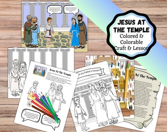 Op de afbeelding: Een printbaar knutselwerk en een les voor kinderen over Jezus in de tempel. Het knutselwerk bevat een kleurplaat van Jezus en zijn ouders, een kleurplaat van de tempel en een verhaal over Jezus in de tempel. De les bevat een discussie over het verhaal en activiteiten voor kinderen.