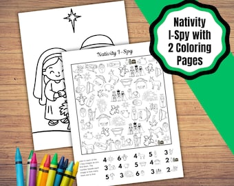 Nativity I-Spy with coloring pages. Colorable I-Spy Jesus is Born activity page Christmas kids craft.