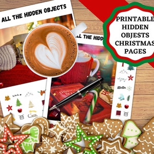 May include: Printable Christmas-themed hidden object activity pages. The pages feature a variety of winter-themed objects, including a Christmas tree, a snowflake, a stocking, and a candy cane. The pages are perfect for kids of all ages.