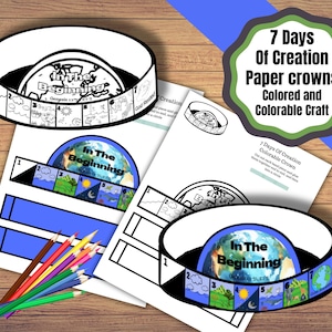Printable 7 Days Of Creation Paper Crown. In The Beginning colorable and colored bible craft.