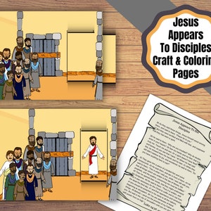 Printable Jesus Appears to His Disciples, Jesus Appears in a Locked room to Disciples, Craft, Verse pages, and coloring page.