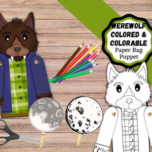 May include: A werewolf paper bag puppet craft kit. The kit includes a colored werewolf puppet and a black and white werewolf puppet to color. The kit also includes two moons, one colored and one to color, scissors, and colored pencils. The kit is titled "Werewolf Colored & Colorable Paper Bag Puppet".