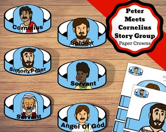 May include: A set of blue and white paper crowns with illustrations of characters from the Bible story of Peter meeting Cornelius. The crowns feature the names "Cornelius", "Soldier", "Simon Peter", "Servant", and "Angel of God".
