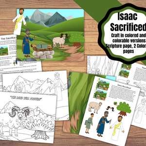 Printable activity set for Isaac Sacrificed, Colored and Colorable Craft, Coloring Pages, and Scripture Page. Abraham and Isaac Bible lesson