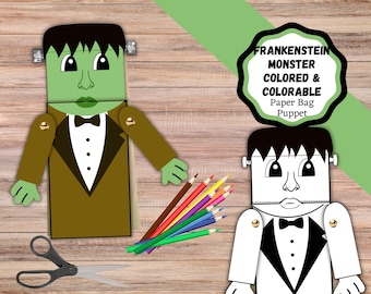 Artisanat pour enfants de marionnettes en papier Le monstre de Frankenstein. Artisanat de marionnettes en sac en papier coloré et à colorier. Frankenstein.