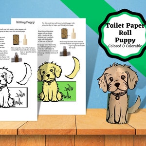 Printable standing puppy craft. Toilet paper roll craft. Toilet roll paper puppy craft for kids. Classroom craft for kids. Puppy / Dog craft