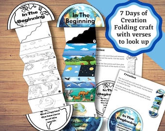 May include: A 7 Days of Creation folding craft kit featuring black and white line art and full-color versions of the seven days. The paper strips show illustrations of the earth, sky, animals, and text including In The Beginning and God Rested.
