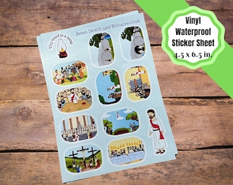 Sticker sheet with illustrations of Jesus life, death, and resurrection.