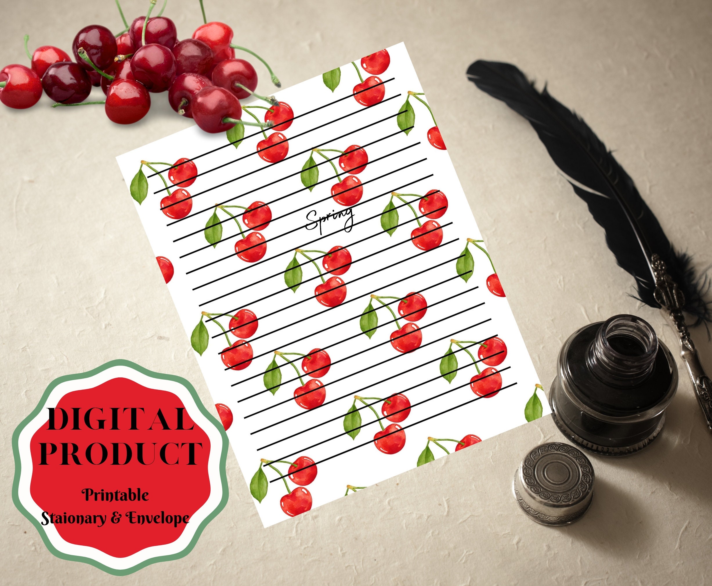 Printable Watercolor Cherry Themed Stationary Letter Writing Set With ...