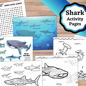 Printable Shark Themed Activity pages. Shark Word Search, Shark cut and paste page. Shark coloring pages.