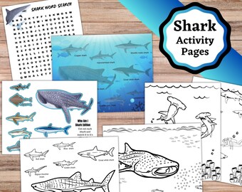 Puede incluir: Un conjunto de páginas de actividades de tiburones imprimibles para niños. Las páginas incluyen una búsqueda de palabras, un juego de emparejamiento de tiburones '¿Quién soy yo?' y páginas para colorear con diferentes tipos de tiburones, incluyendo un tiburón martillo, un gran tiburón blanco y un tiburón ballena.