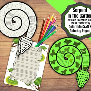May include: A printable coloring page featuring a green snake with the text "Serpent In The Garden Satan is Deceptive, and God is Trustworthy Colorable Craft & Coloring Pages". The snake is curled into a spiral shape with the words "The Devil Deceives" and "Trust God" on the inside of the spiral.