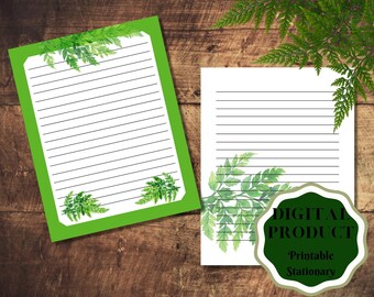 Fern leaf themed stationary, lined leaf stationary nature, plant, and green letter paper