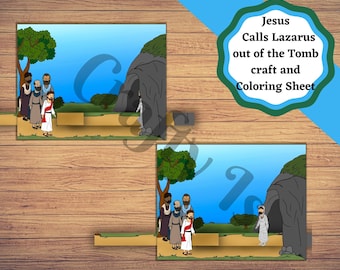 Puede incluir: Una página para colorear que representa a Jesús llamando a Lázaro desde la tumba. La escena muestra a Jesús de pie frente a una cueva con una multitud de personas detrás de él. Lázaro está saliendo de la cueva. El título "Jesus Calls Lazarus out of the Tomb craft and Coloring Sheet" está en la parte superior de la página.