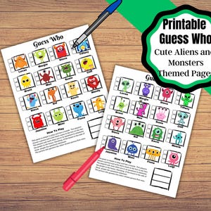 Páginas para imprimir del juego Adivina quién. Juegos de Adivina quién: adorables extraterrestres y monstruos. Juego fácil de jugar e imprimir.