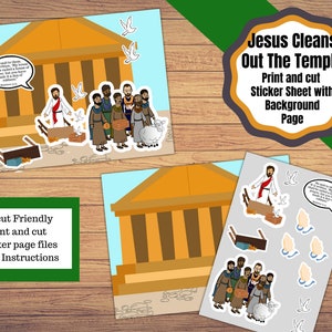 Könnte beinhalten: Ein bedruckbarer Aufkleberbogen mit einer Hintergrundseite und ausgeschnittenen Figuren von Jesus und Menschen in einer Tempelkulisse. Der Text "Jesus reinigt den Tempel" steht oben auf dem Bogen. Der Text "Drucken und ausschneiden Sie den Aufkleberbogen mit der Hintergrundseite" steht unter dem Titel. Der Text "Cricut Friendly Drucken und ausschneiden Sie die Aufkleberseiten mit Anweisungen" steht unten auf dem Bogen.