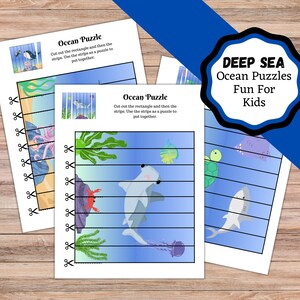 May include: Three printable ocean-themed puzzles for kids. Each puzzle features a different scene with sea creatures like a shark, octopus, and turtle. The puzzles are designed to be cut out and assembled.