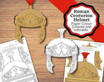 May include: A Roman Centurion helmet paper crown craft kit featuring a gold-colored version with a red crest and a black-and-white outline version. The text reads Roman Centurion Helmet Paper Crown Colored and colorable. Includes assembly instructions.