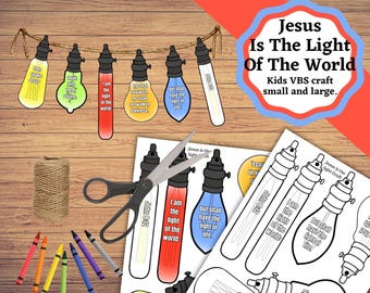 May include: A craft kit with colorful light bulb cutouts, crayons, scissors, and twine. The light bulbs have Bible verses and the text "Jesus Is The Light Of The World". A fun VBS craft for kids.