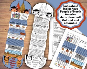 May include: An educational accordion craft project about Indigenous People of North America. The set includes a colored version and a black-and-white colorable version, featuring text, illustrations of dwellings, and historical facts.
