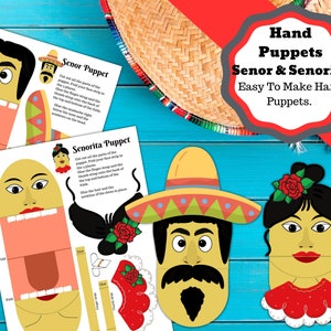 Printable hand puppets A Senor and Senorita puppet. Cinco De Mayo craft. Character Puppets.