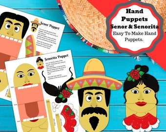 Printable hand puppets A Senor and Senorita puppet. Cinco De Mayo craft. Character Puppets.