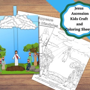 May include: A printable craft and coloring sheet set for kids about the ascension of Jesus. The craft features a blue sky with a white cloud and a string hanging down. The coloring sheet shows Jesus ascending into the clouds with his disciples watching below.