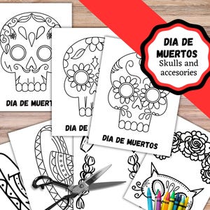 Printable paper Skulls, Dia De Muertos paper skulls, like sugar skulls. Printable Dia De Muertos kids craft. The Day Of The Dead craft