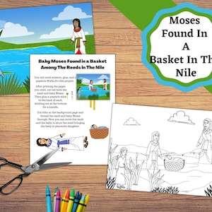 Moses Found In the Nile In A Basket, Wydrukowane rzemiosło, Strona z historią i Arkusz do kolorowania. Zestaw do niedzielnej szkoły dla dzieci Moses.