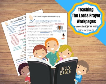 Printable work pages for teaching the Lords Prayer to kids and youth. Lords Prayer printable lesson.