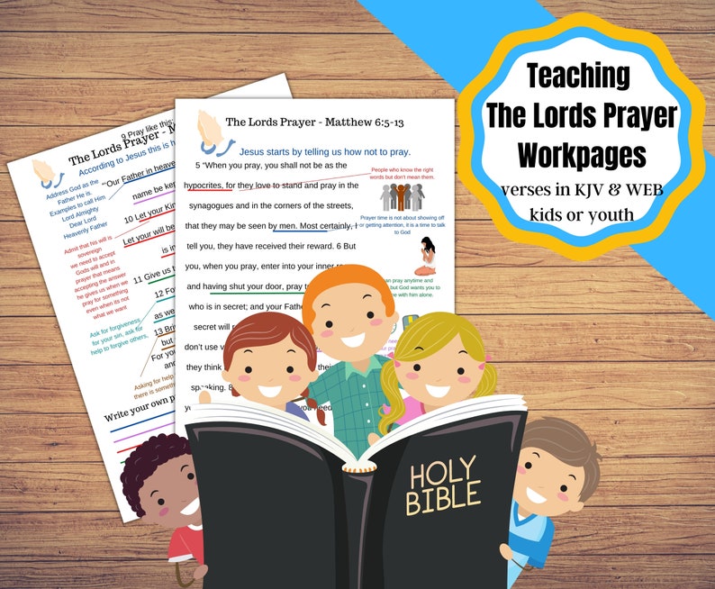 Printable work pages for teaching the lords prayer to kids and youth