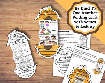 May include: A paper folding craft kit featuring a beehive design with the text Be Kind To One Another. The kit includes printed sheets with black and white illustrations of children, bee graphics, and Bible verses for educational activities.